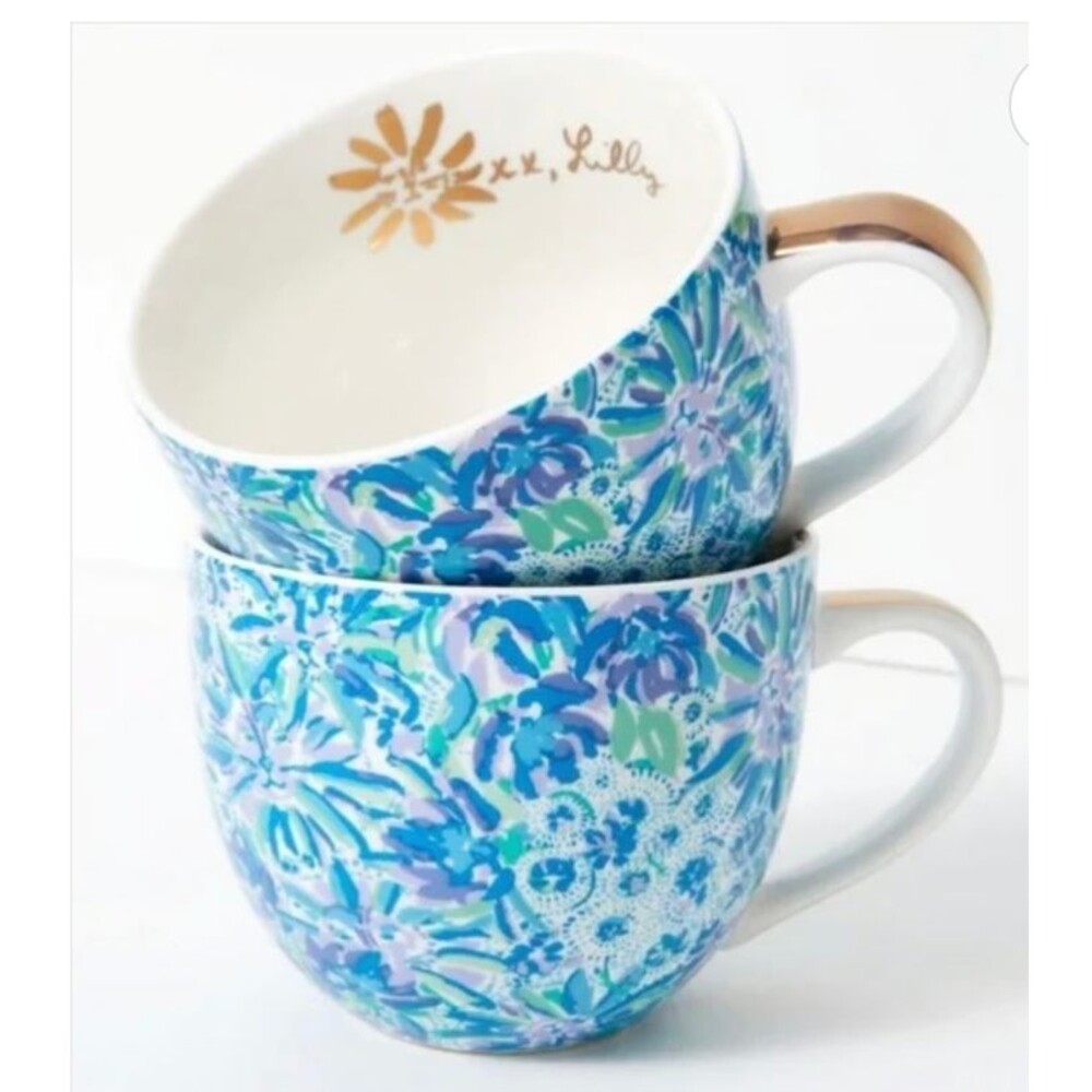 Set of 2 Lilly Pulitzer Tiger Lilly Floral Coffee Mug Tea Cup 12oz Gold Handles